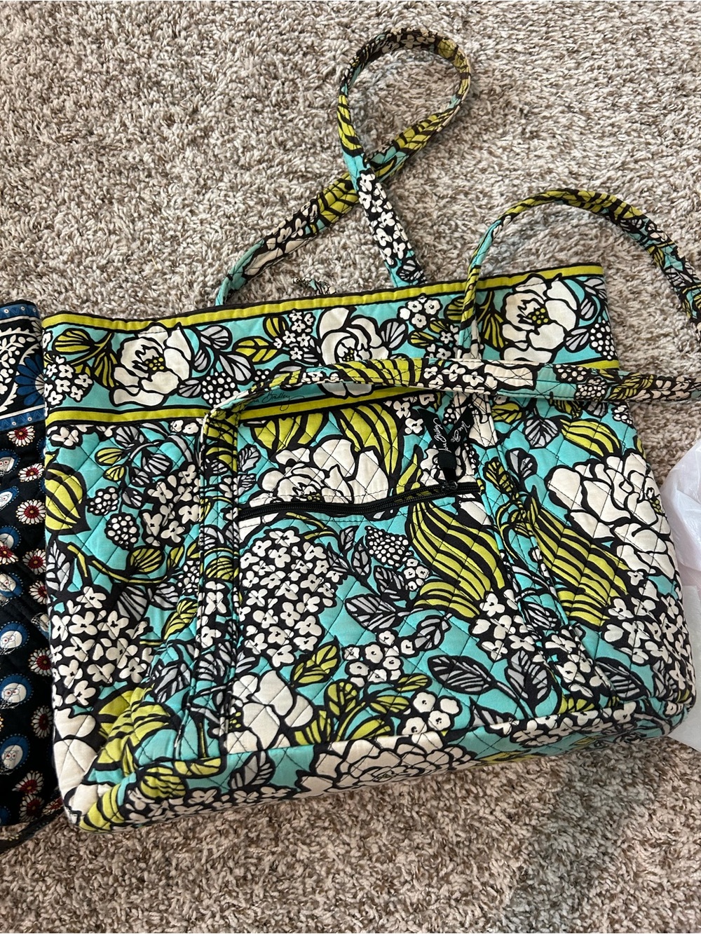 Vera Bradley Floral Quilted Tote in Turquoise, Lime, White, and Black